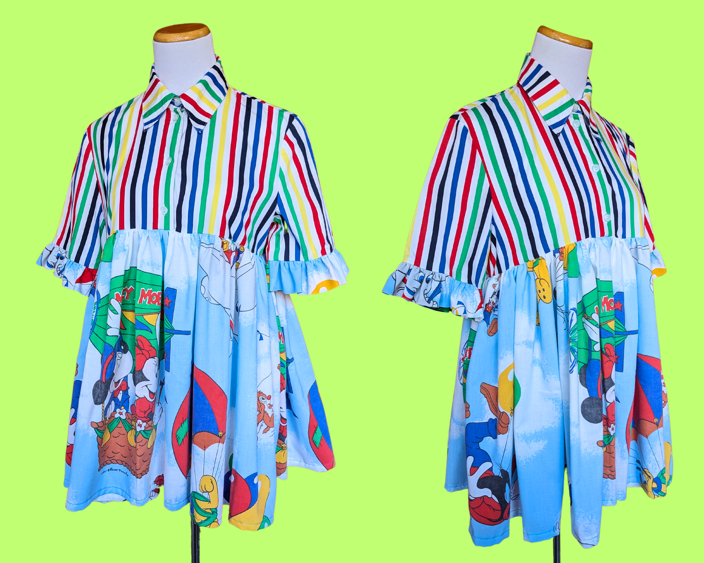Handmade, Upcycled Disney Bedsheet, Upcycled Striped Shirt Dress Fits S-M