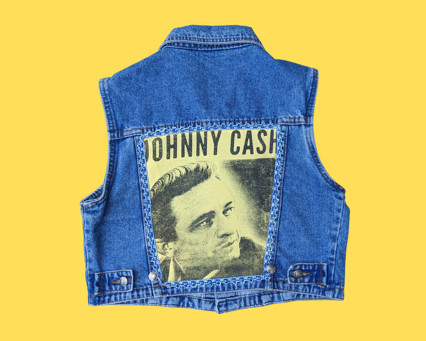 Handmade, Upcycled Cotton Denim Vest with Johnny Cash T-Shirt on the Back, Size L - Fits Like A Size M