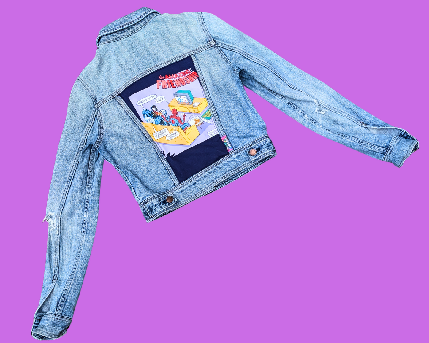 Handmade, Upcycled The Amazing Friendship, Venom and Spider Man Denim Jacket Size S