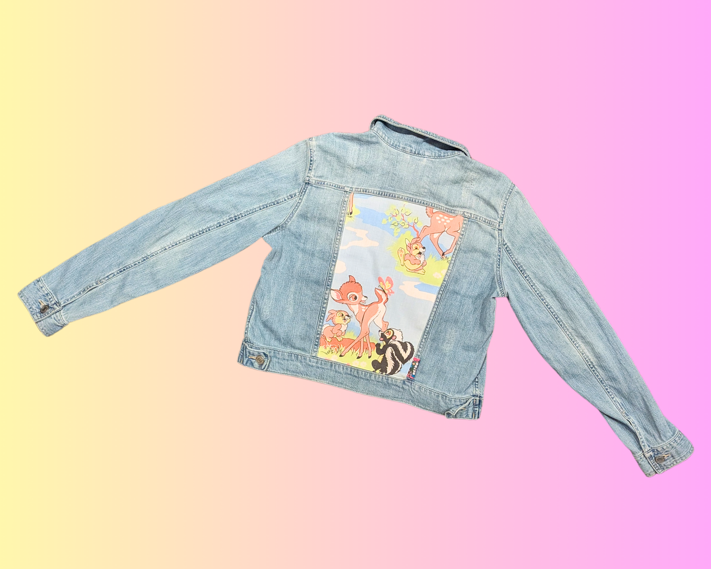 Handmade, Upcycled Walt Disney Bambi Bedsheet Denim Jacket Size XL