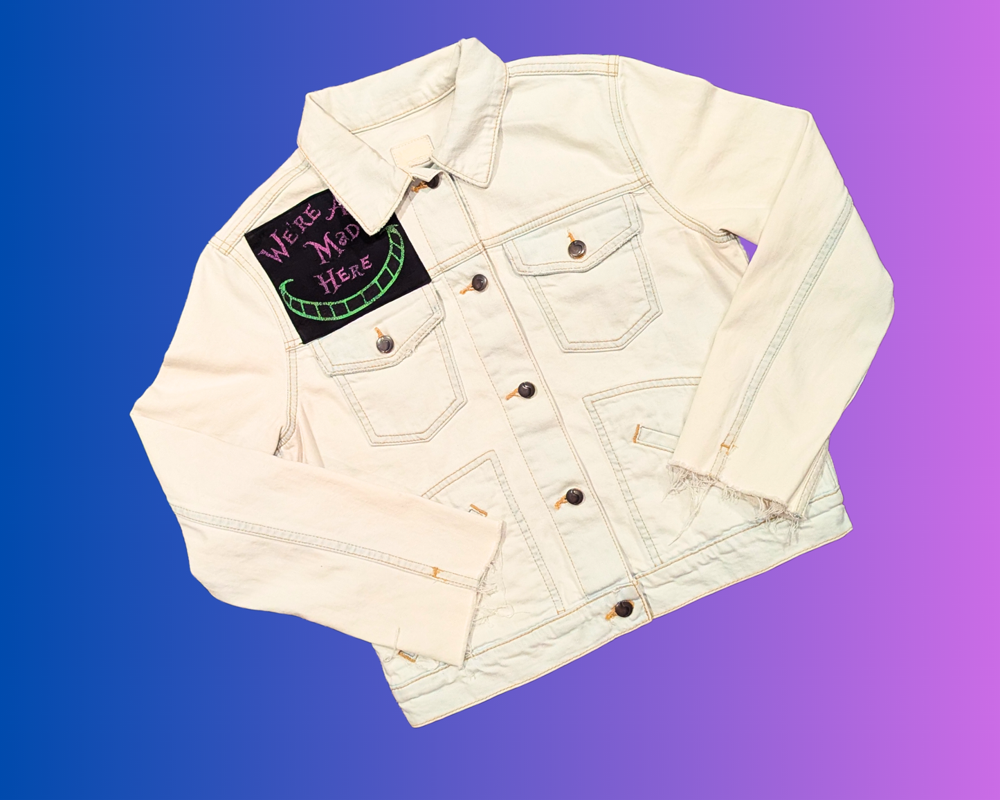 Handmade, Upcycled Alice in Wonderland White Denim Jacket Size M