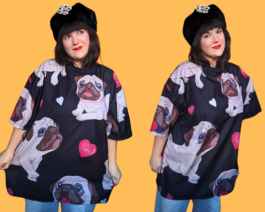 Handmade, Upcycled Pug Print Bedsheet T-Shirt Oversized XL