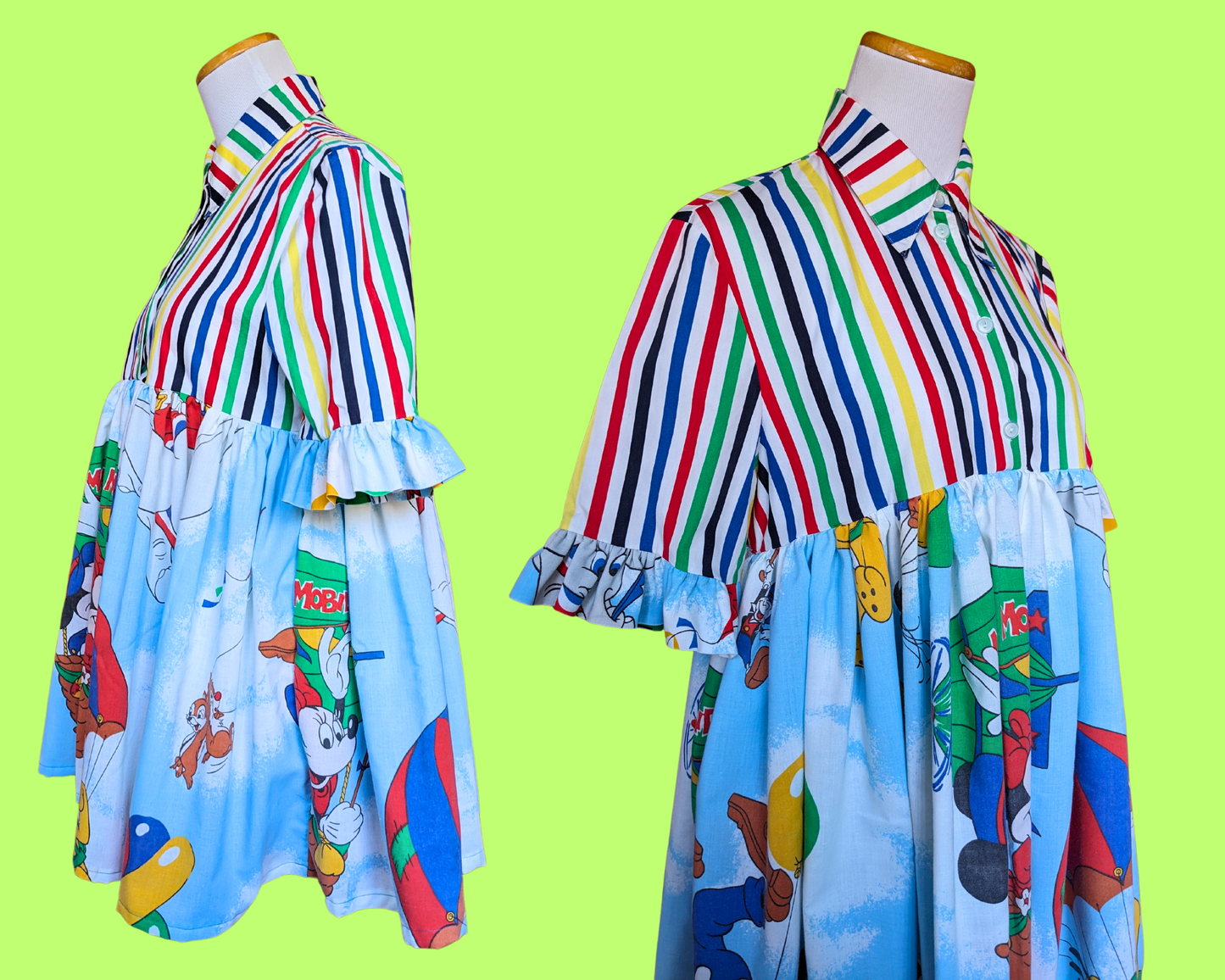 Handmade, Upcycled Disney Bedsheet, Upcycled Striped Shirt Dress Fits S-M