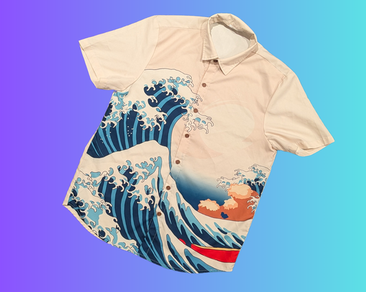 Chemise boutonnée à manches courtes Y2K La Grande Vague de Kanagawa, taille M