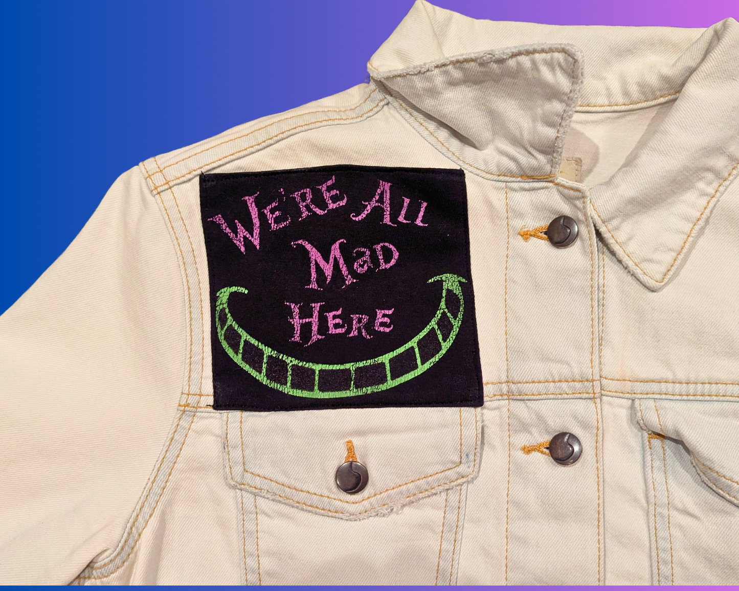 Handmade, Upcycled Alice in Wonderland White Denim Jacket Size M