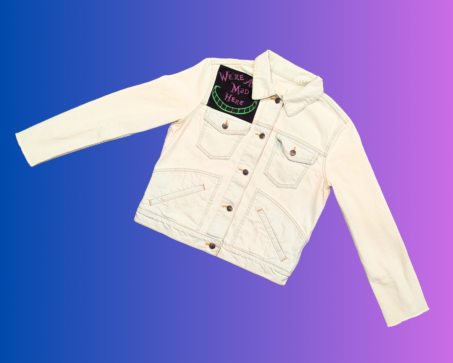 Handmade, Upcycled Alice in Wonderland White Denim Jacket Size M