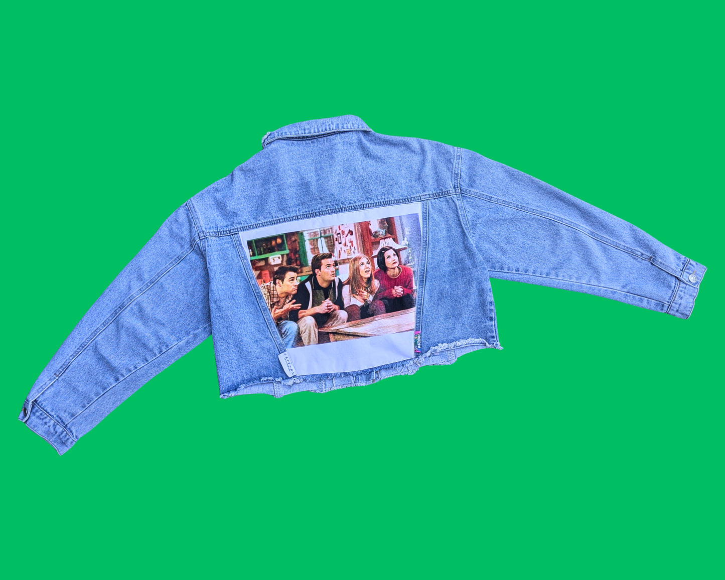 Veste courte en jean Friends, faite à la main et recyclée, taille XL