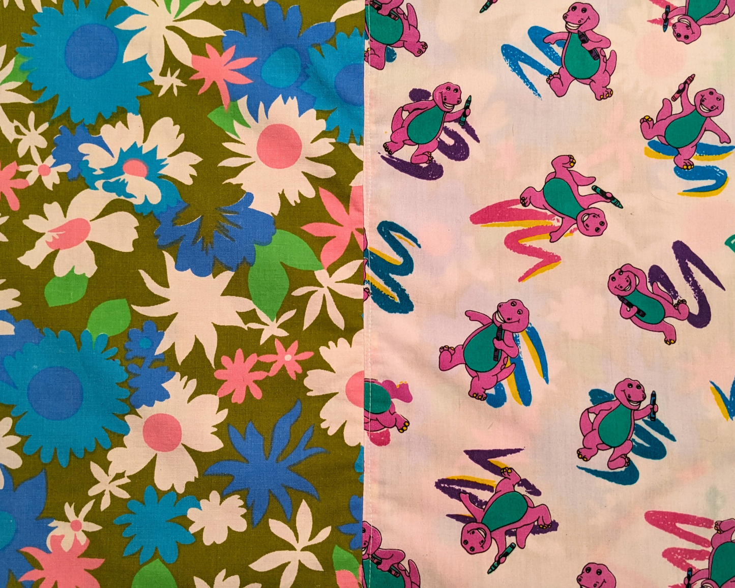 Handmade, Upcycled Barney Bedsheet + Vintage 1960's Floral Bedsheet T-Shirt Dress Fits an Oversized XL or Fitted 2XL