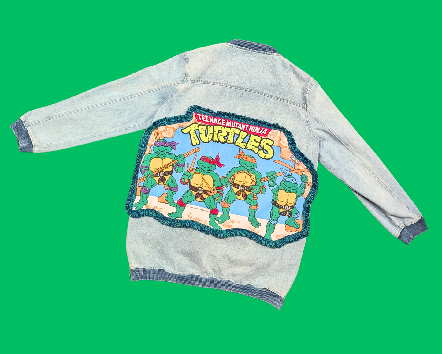 Handmade, Upcycled Teenage Mutant Ninja Turtles Pillow Case Denim Jacket Size L