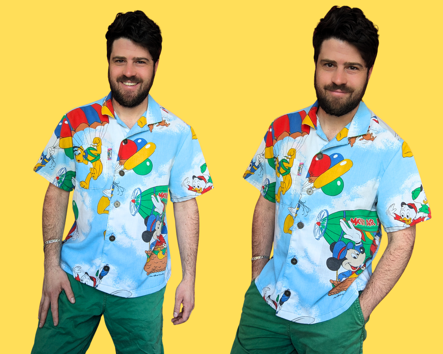 Chemise boutonnée à manches courtes en drap de lit Walt Disney fait main et recyclé M