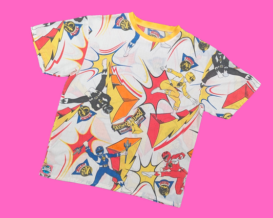 T-shirt drap de lit Power Rangers vintage des années 1990, fait main et recyclé, taille M
