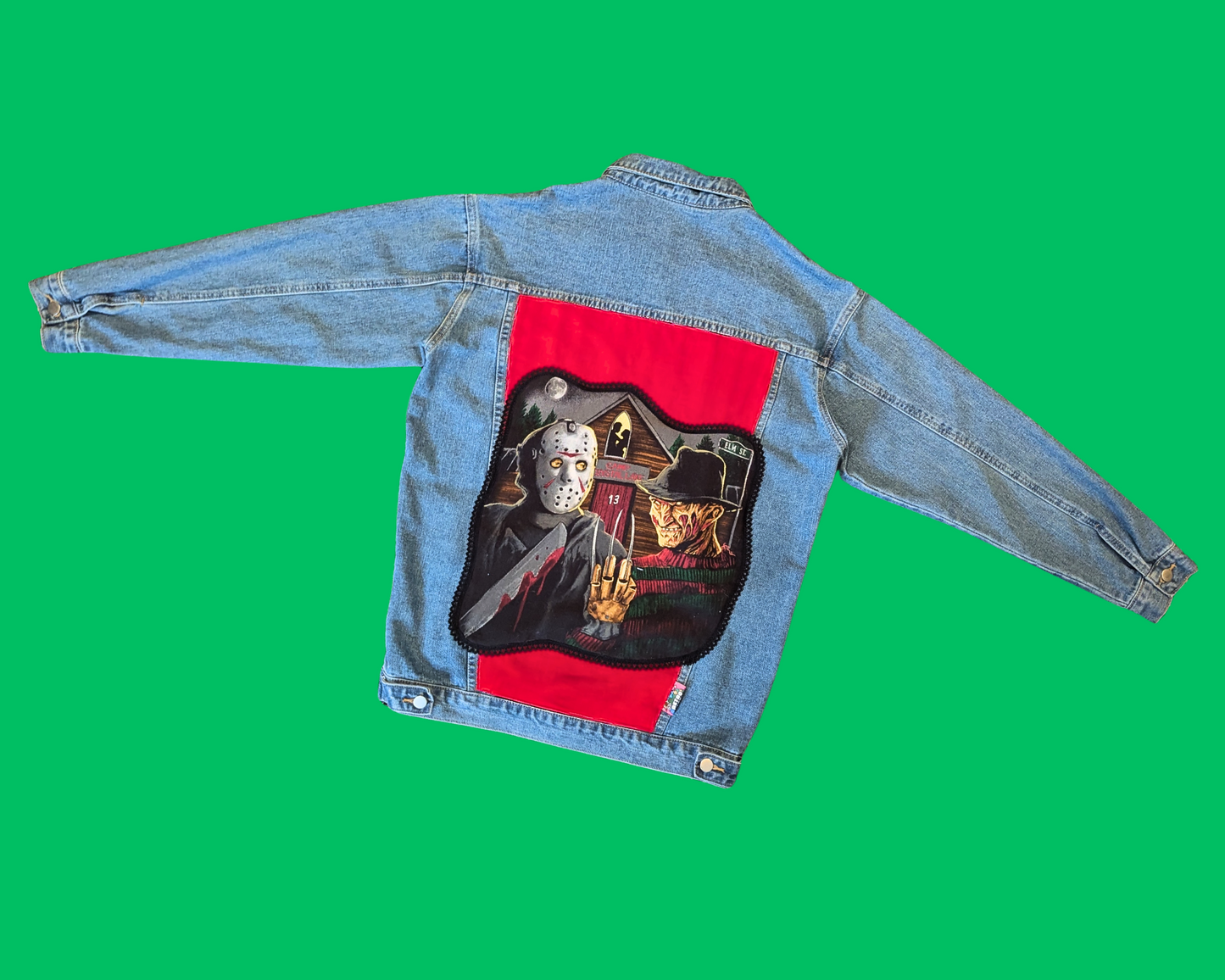 Handmade, Upcycled Jason & Freddy, Friday the 13th and Nightmare on Elm Street Denim Jacket Size L