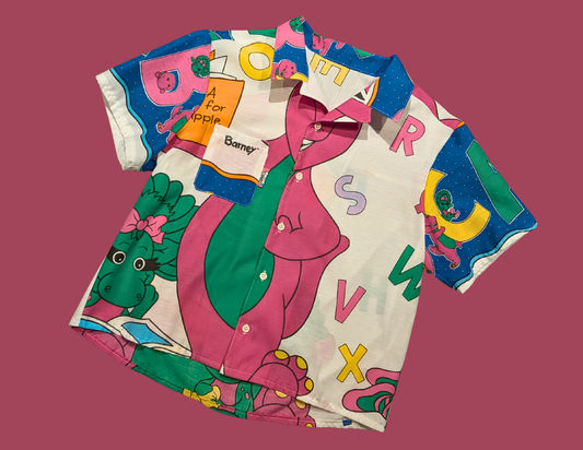 Handmade, Upcycled Vintage Barney Bedsheet Short Sleeve Button Down T-Shirt XL