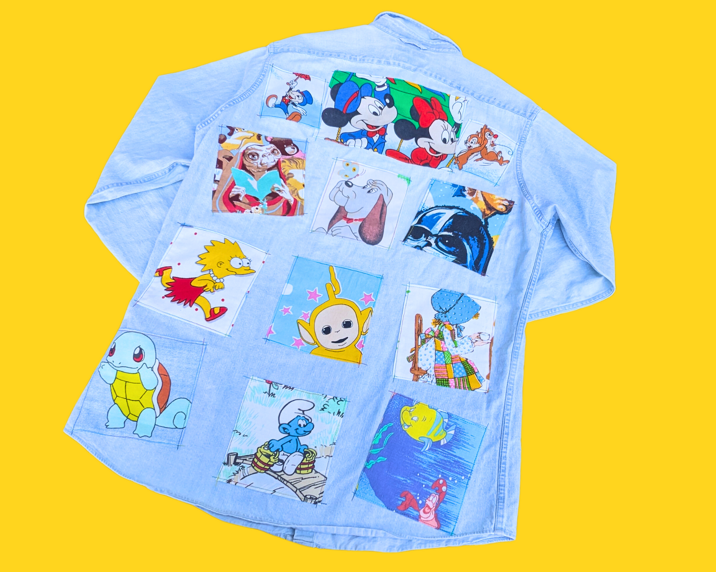 Handmade, Upcycled Denim Snap Buttons Shirt Patched Up with Nostalgic Bedsheets (Toy Story, E.T, The Simpsons and Others) Size L
