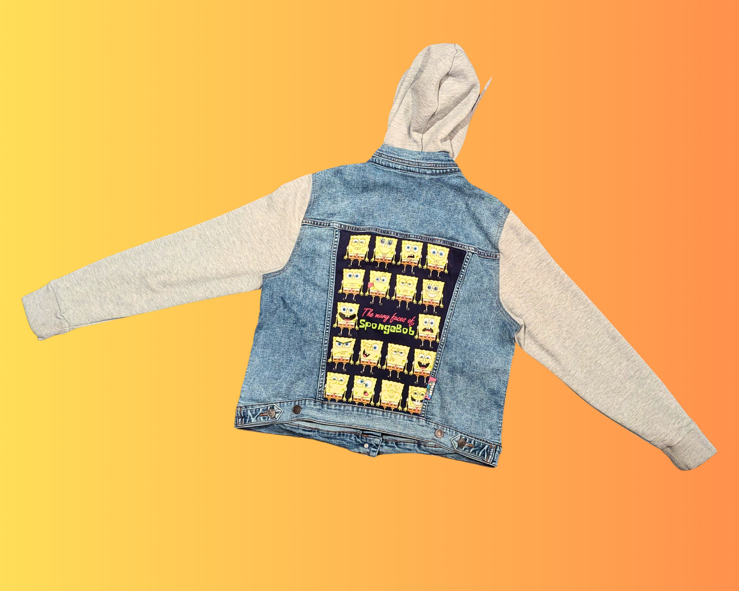 Handmade, Upcycled Sponge-Bob Square Pants Denim Jacket with Hoodie Size L