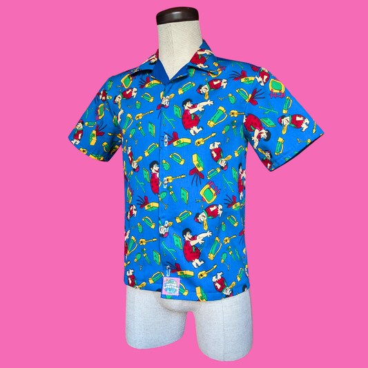 Handmade, Upcycled Fred Flintstone Bedsheet Button Down Shirt Size XS