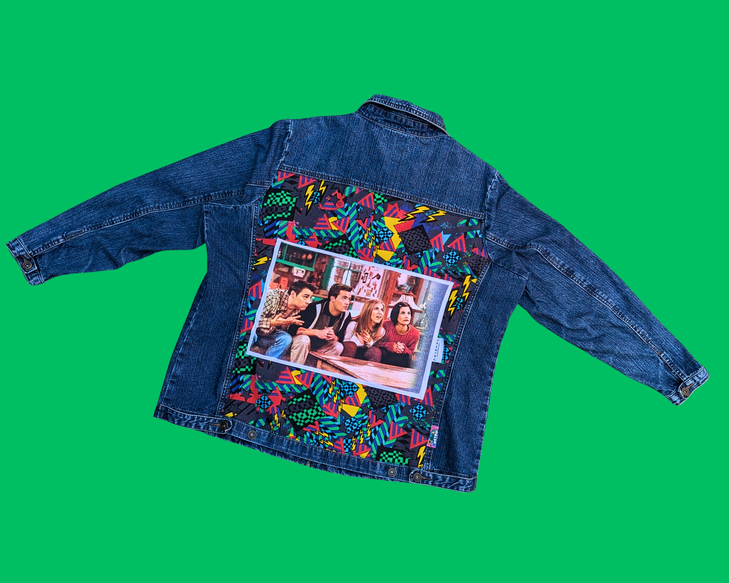 Handmade, Upcycled Friends T-Shirt Denim Jacket Size L
