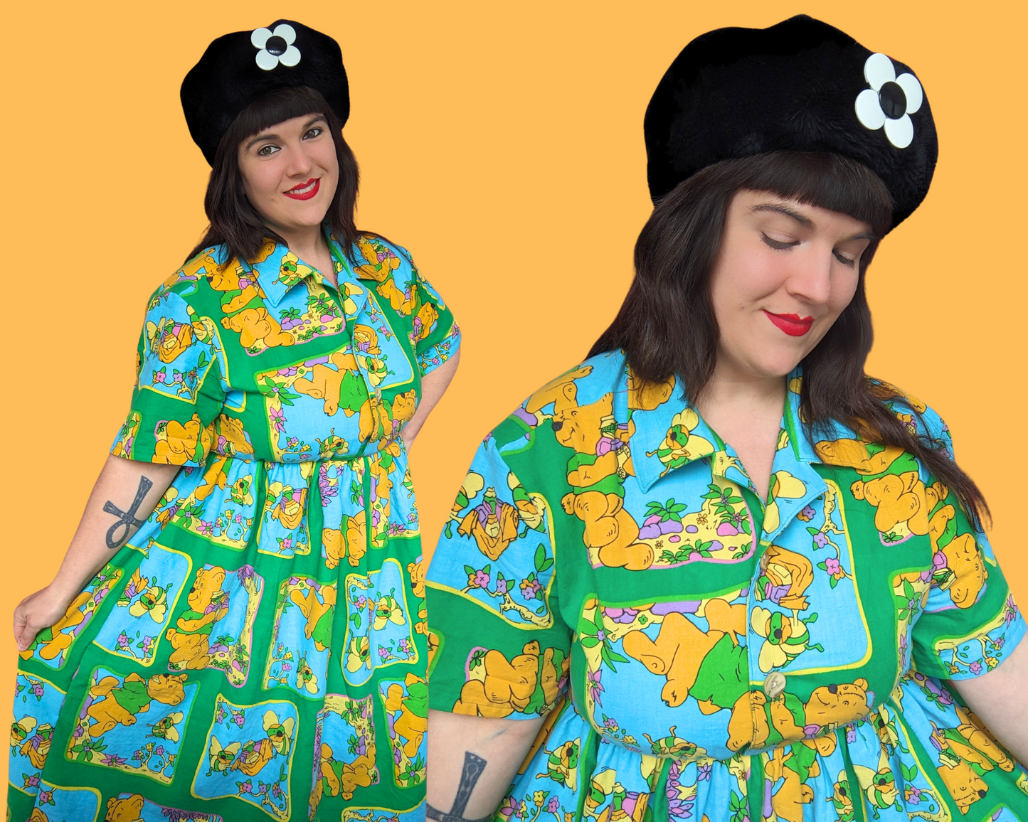 Handmade, Upcycled Stoned Winnie The Pooh Bedsheet Button Down Shirt Dress Size L-XL