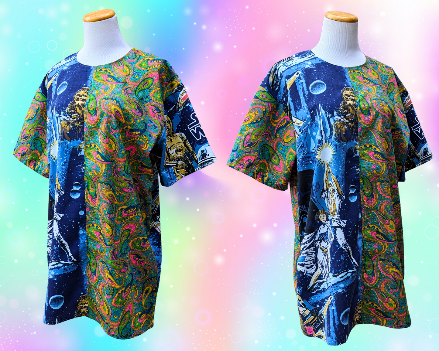 Drap de lit Star Wars fait main et recyclé + robe t-shirt en tissu groovy des années 1960, taille S