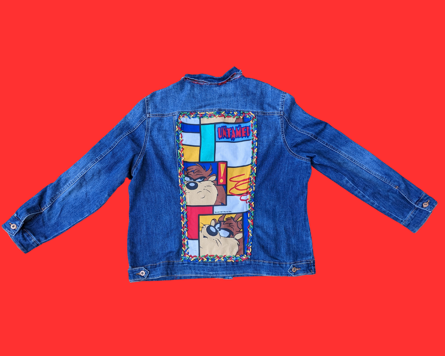 Handmade, Upcycled Cotton Denim Jacket with Looney Tunes Taz Bedsheet Fits Like A Size L-XL