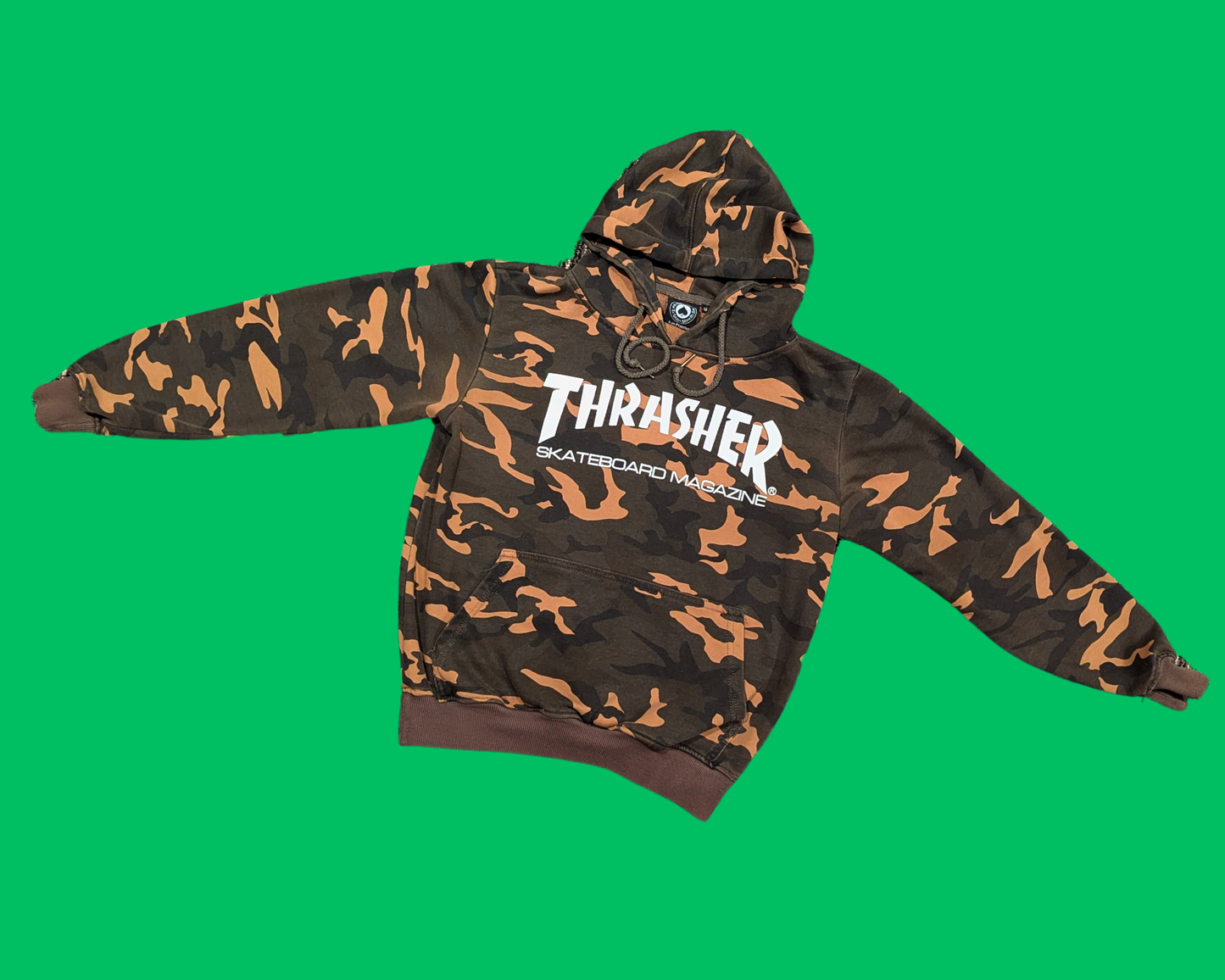 Y2K Camouflage, Thrasher Skateboard Magazine Hoodie Size M
