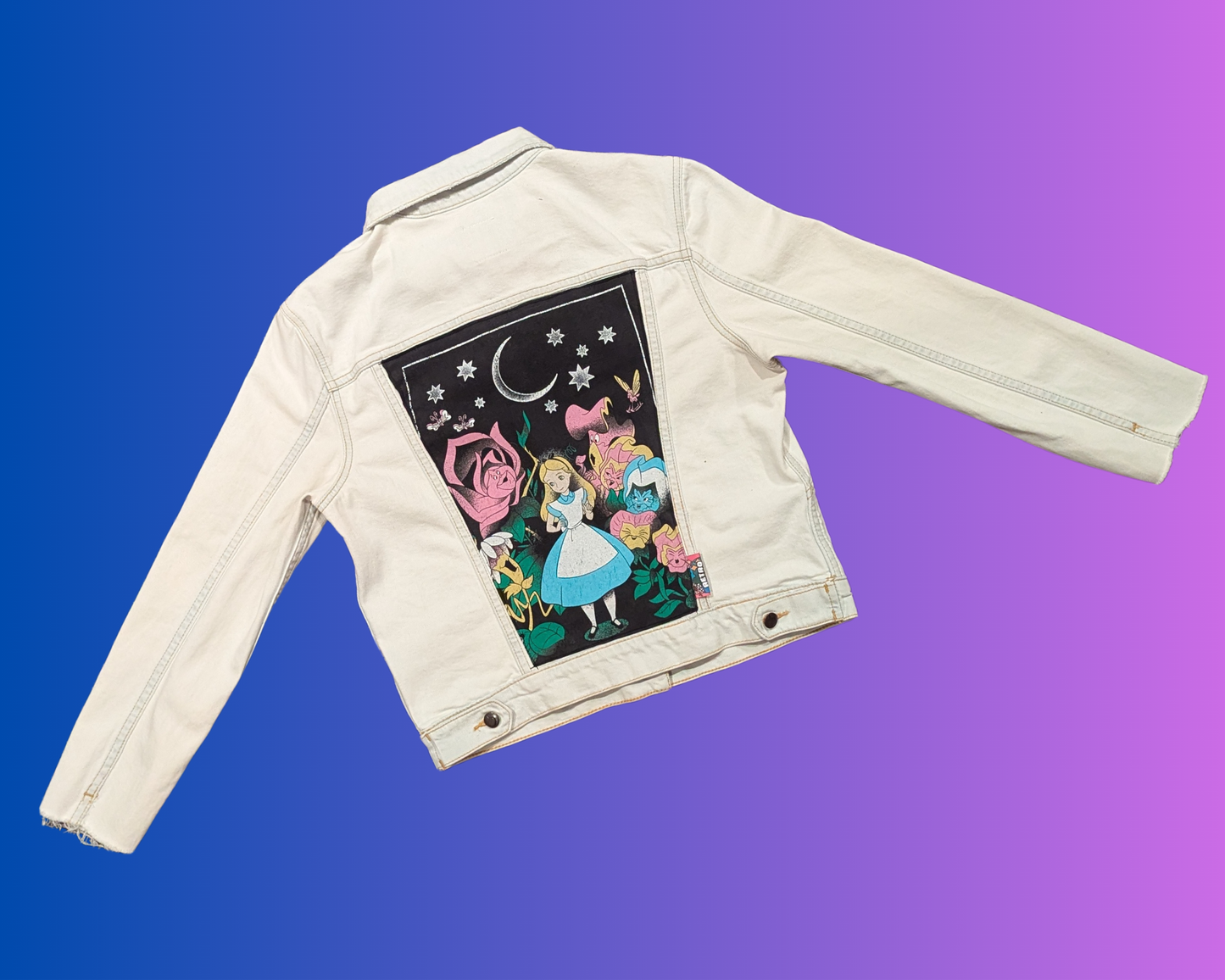 Handmade, Upcycled Alice in Wonderland White Denim Jacket Size M