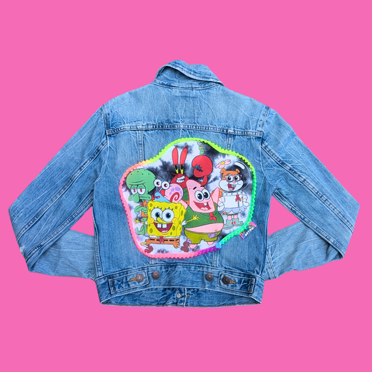 Sponge Bob Square Pants Upcycled T-Shirt Denim Jacket Size S