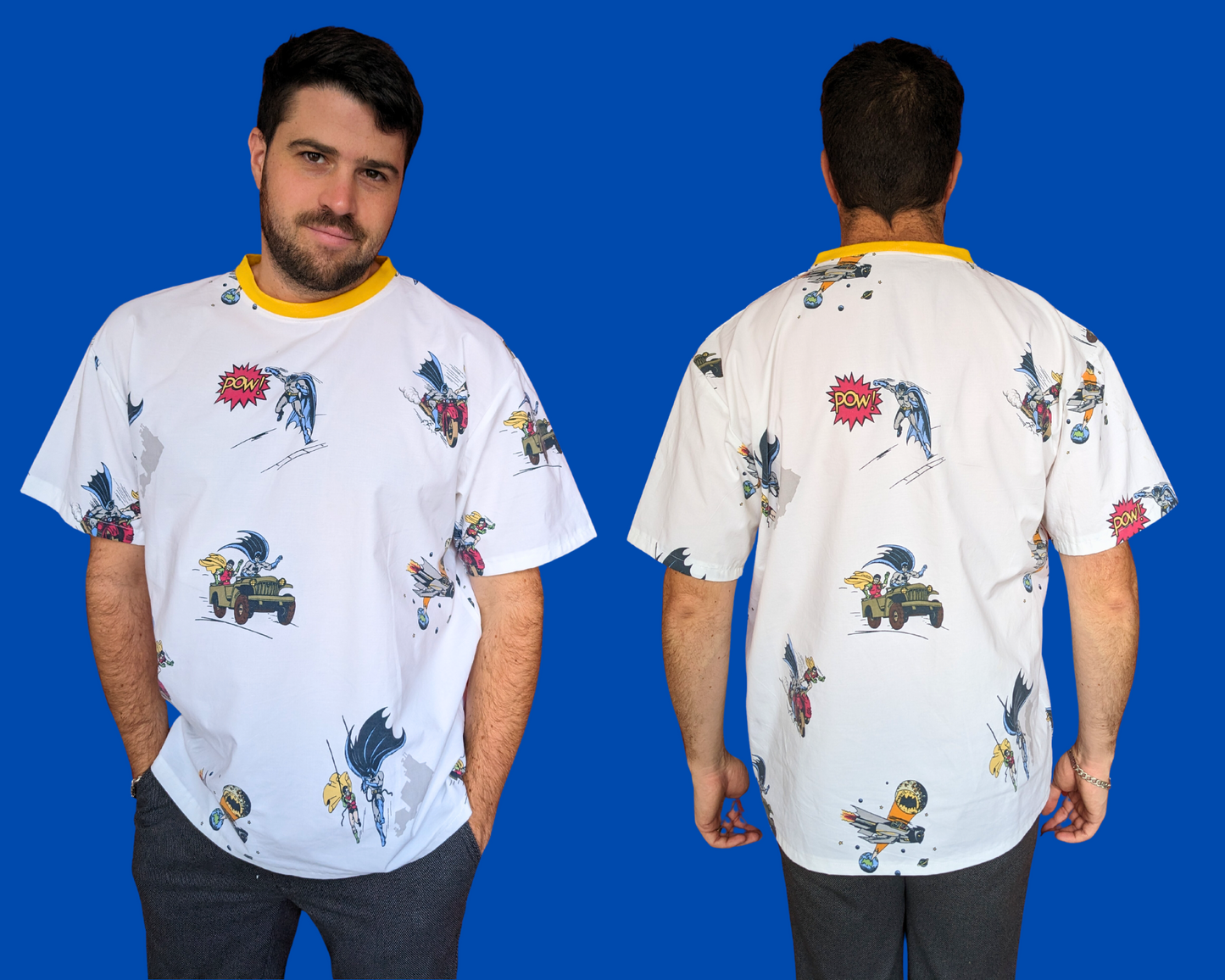 Handmade, Upcycled Batman and Robin Bedsheet T-Shirt Oversized XS - Fits Like A Size M