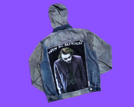 Handmade, Upcycled The Dark Knight, Heath Ledger Joker Denim Jacket with Hoodie Size S for Men (Oversized)