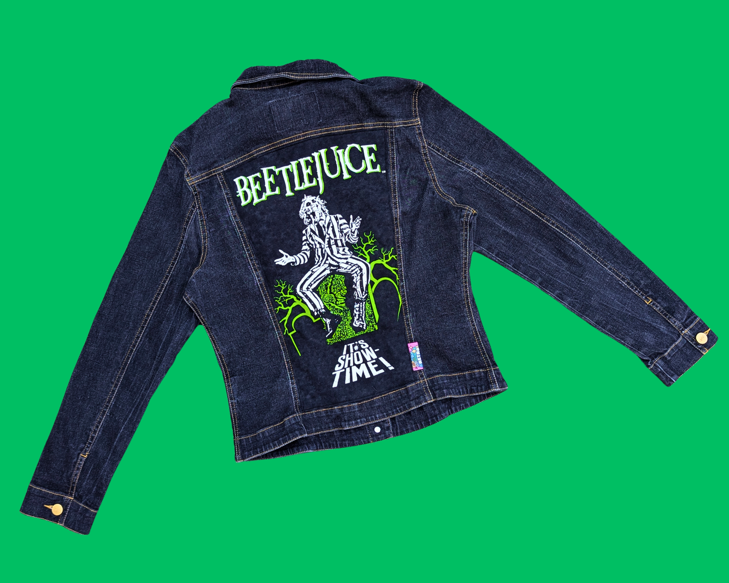 Handmade, Upcycled Beetlejuice Denim Jacket Size M (EU 42)
