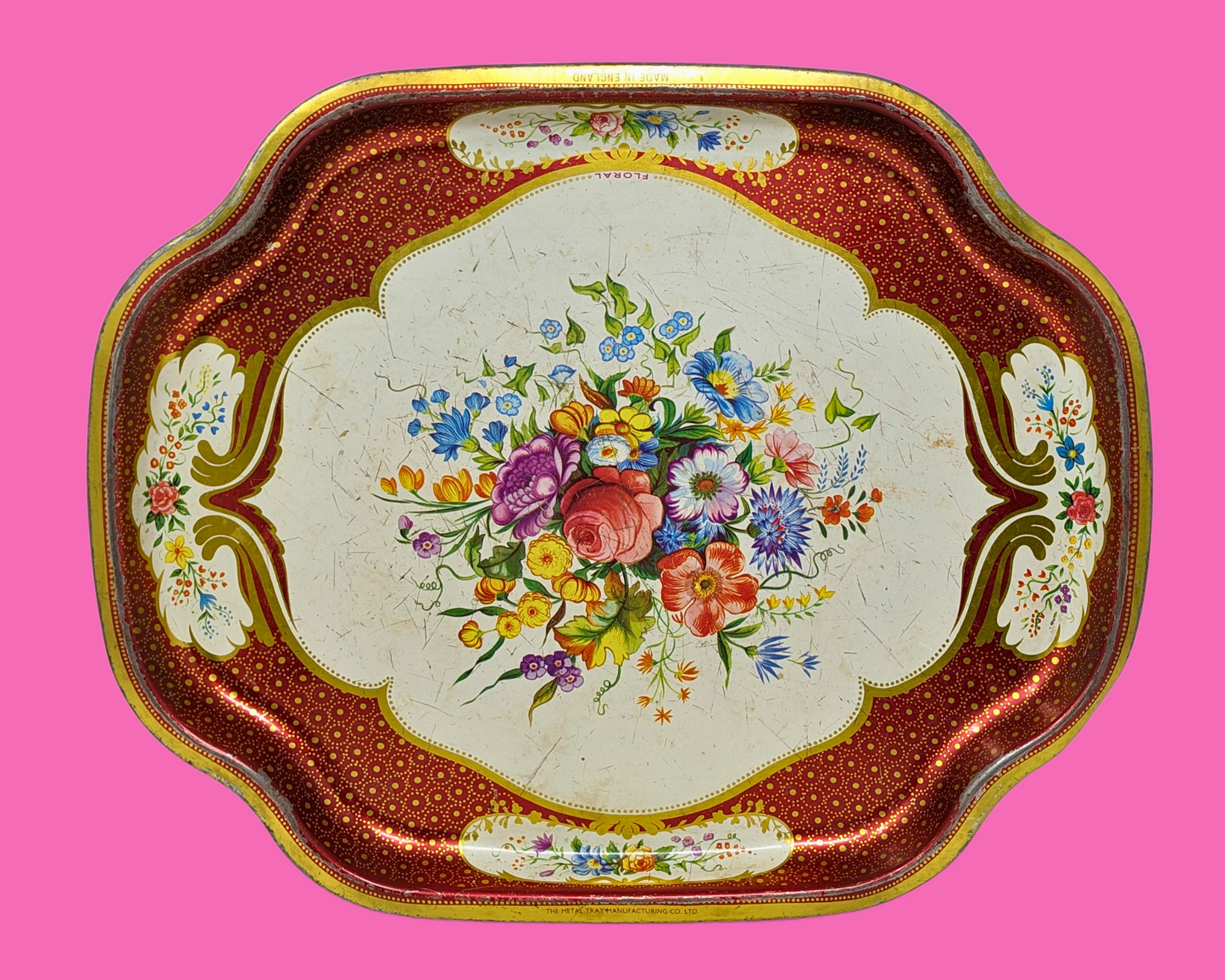 Plateau floral en métal vintage des années 1960, fabriqué en Angleterre