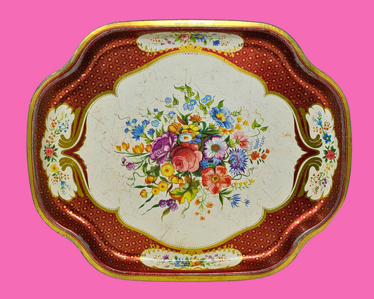 Plateau floral en métal vintage des années 1960, fabriqué en Angleterre