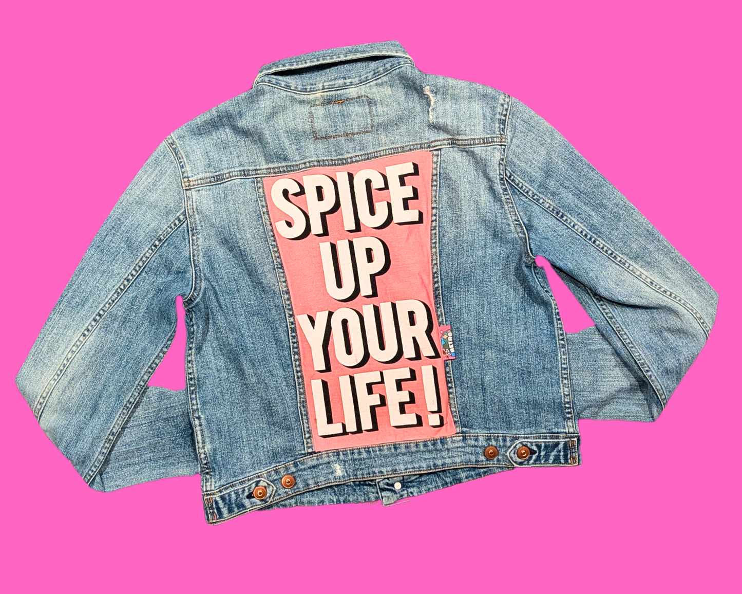 Handmade, Upcycled Denim Jacket with a Spice Girls ''Spice Up Your Life'' Tote Bag Size S for Women