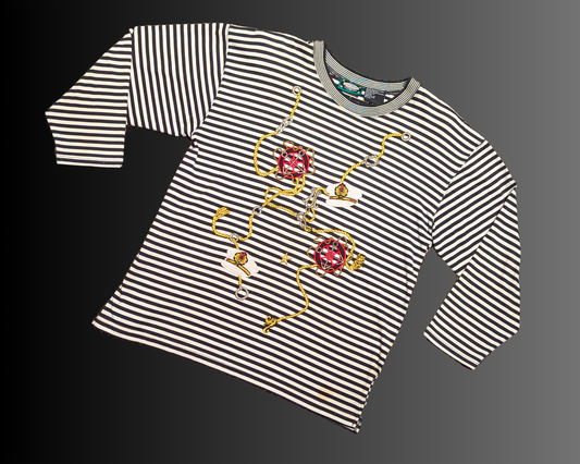 Vintage 1980's Striped, Navy Themed Embroidered Pieces Shirt Size L