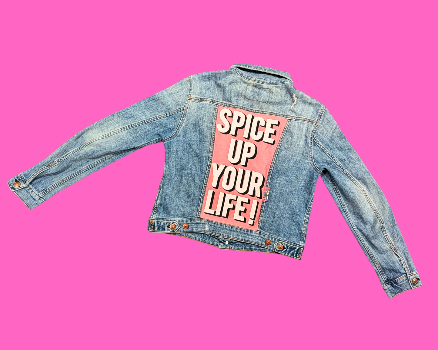 Handmade, Upcycled Denim Jacket with a Spice Girls ''Spice Up Your Life'' Tote Bag Size S for Women