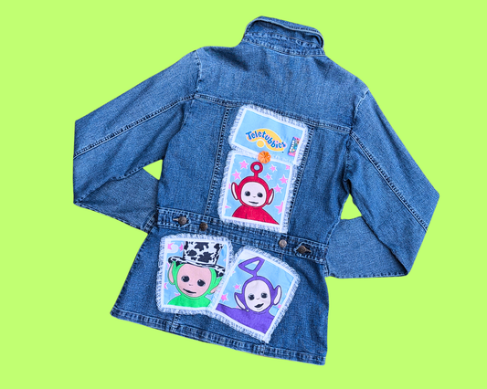 Veste en jean Teletubbies faite à la main et recyclée, taille S