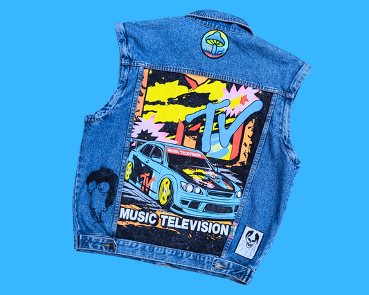 Veste/gilet en jean MTV fait main et recyclé, taille M