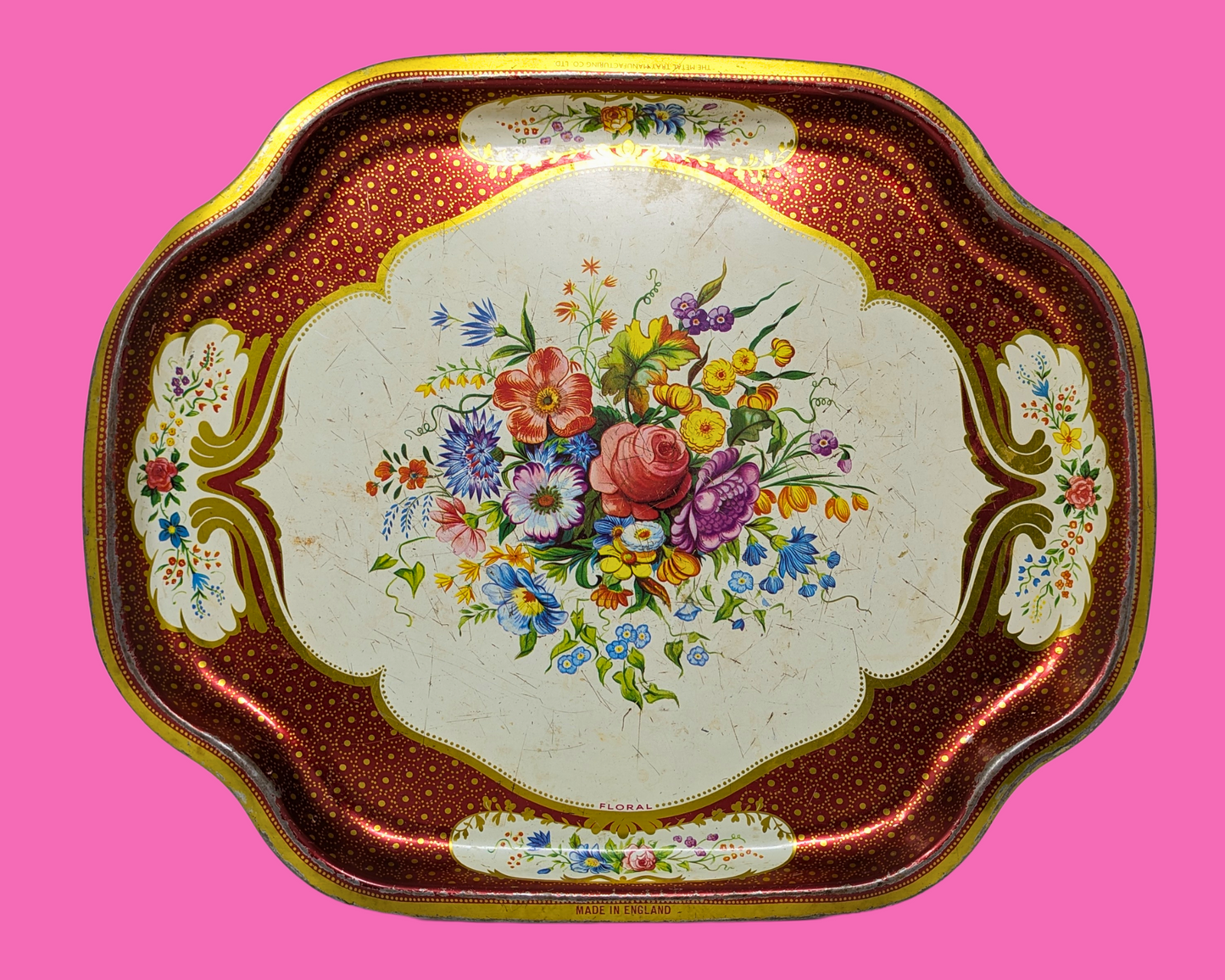 Plateau floral en métal vintage des années 1960, fabriqué en Angleterre