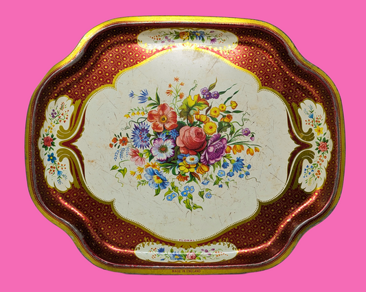 Plateau floral en métal vintage des années 1960, fabriqué en Angleterre