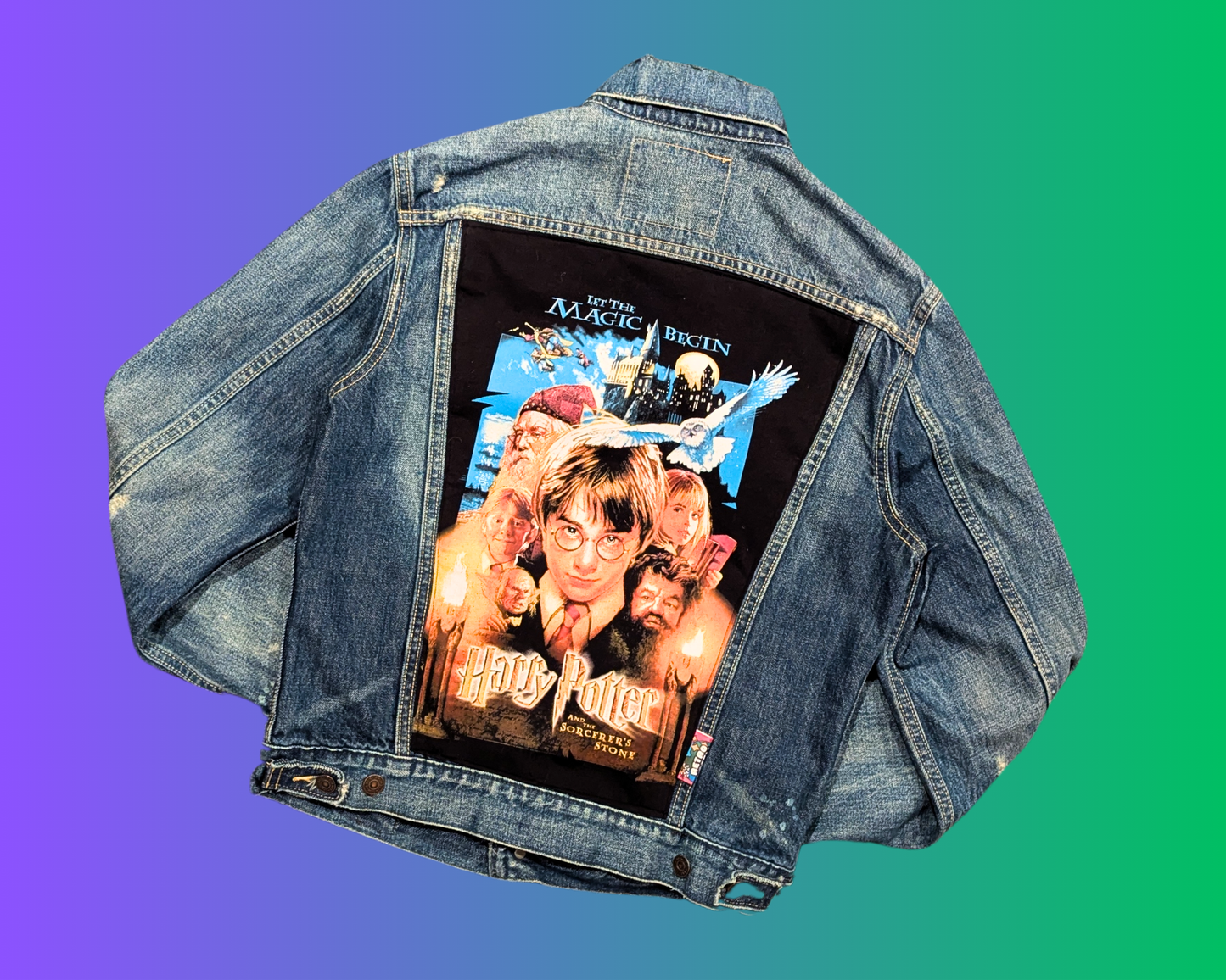 Handmade, Upcycled Harry Potter and Sorcerer's Stone Denim Jacket Size S