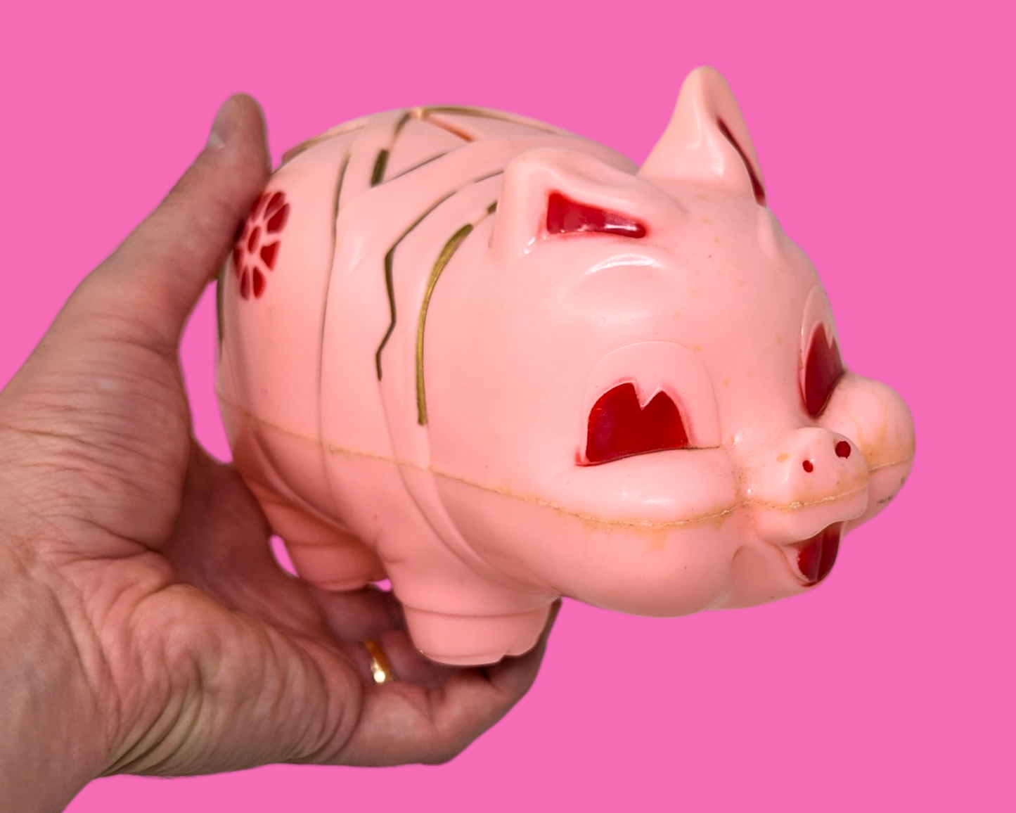 Tirelire cochon en plastique rose vintage des années 1960