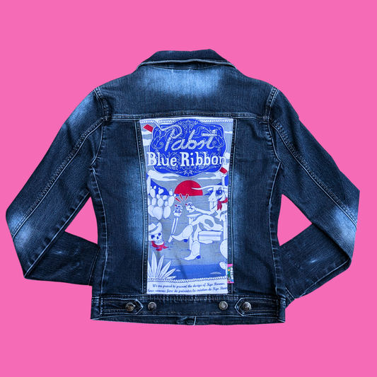 Pabst Blue Ribbon Beer Upcycled T-Shirt Denim Jacket Size S