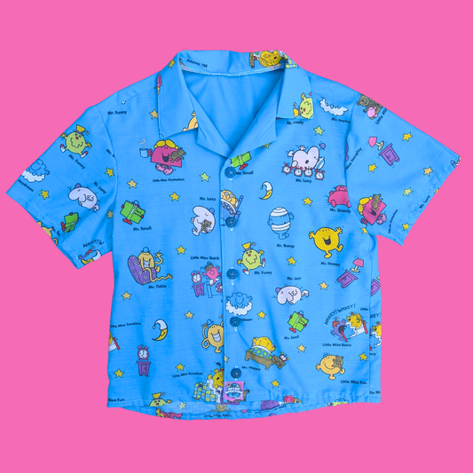 Handmade, Upcycled Mr. Men Bedsheet Button Down Shirt Size M