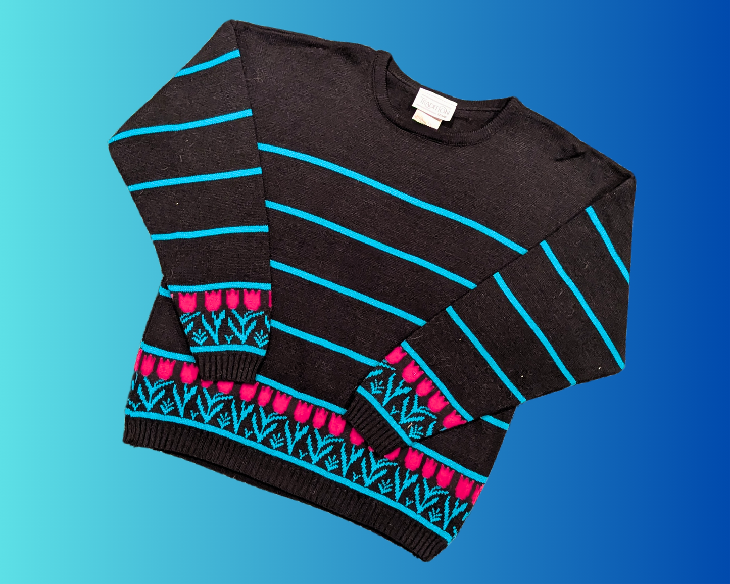 Vintage 1990's Knit Sweater, Blue Stripes and Pink Tulips, by Sears Tradition Size M