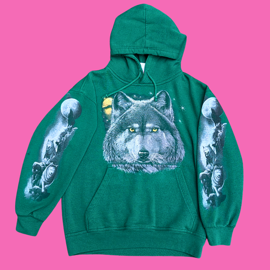 Green Wolf Print Hoodie Size S