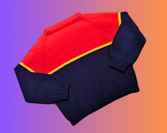 Pull vintage en tricot rouge et bleu des années 1970, taille L