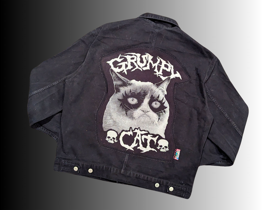 Handmade, Upcycled Black, Grumpy Cat Denim Jacket Size L