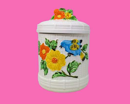 Pot à biscuits vintage fleurs et oiseaux des années 1960