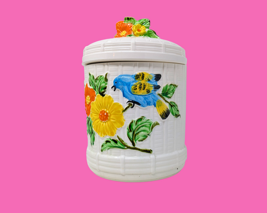 Pot à biscuits vintage fleurs et oiseaux des années 1960