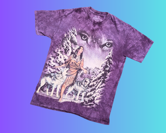 Vintage 1990's Purple Tie Dye First Nation, Wolf and Winter Print T-Shirt Size M